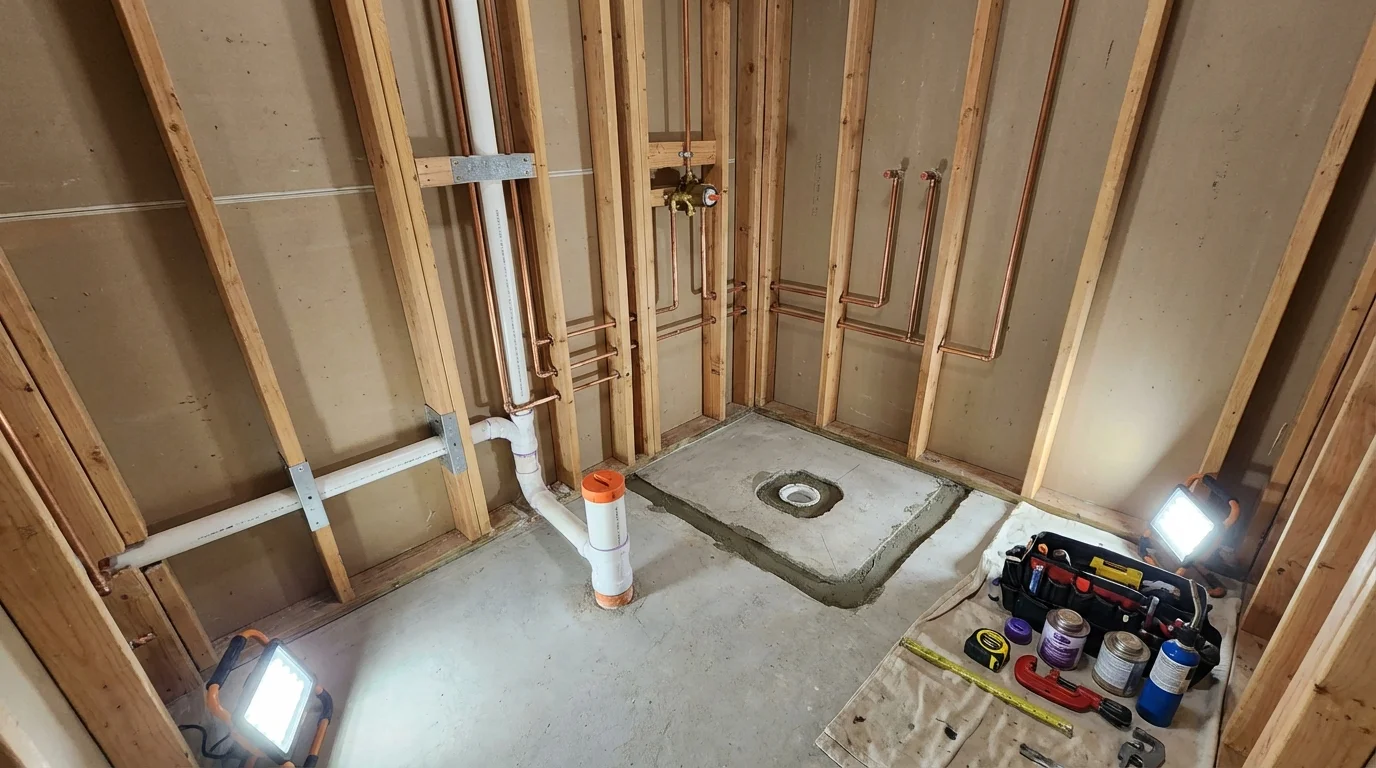 Bathroom rough-in plumbing during remodel by Johns Plumbing LLC in Ness City