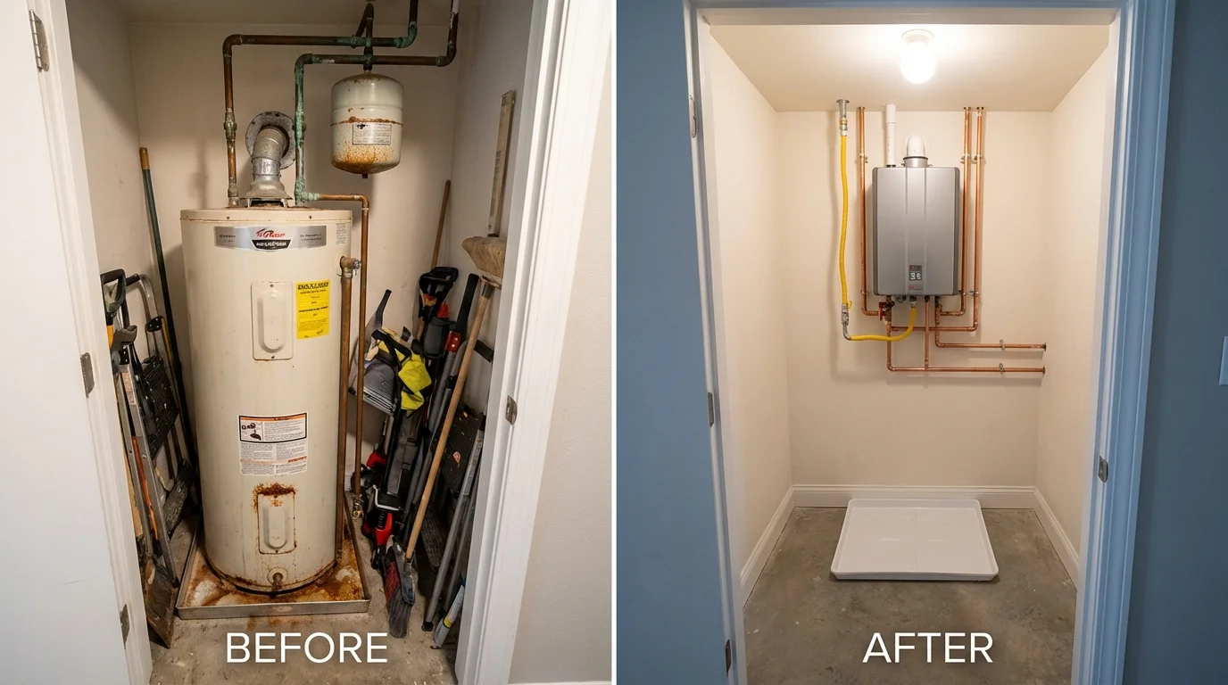 Tank water heater versus wall-mounted tankless unit comparison for Ness City, KS homeowners