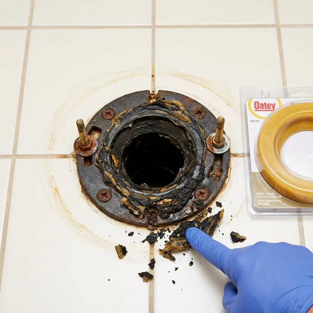 Failed wax ring showing water seepage at the base of a toilet in a Ness City, KS home