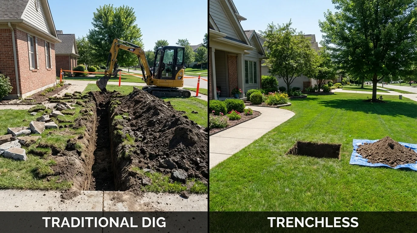 Trenchless sewer repair with minimal yard damage versus traditional excavation in Ness City, KS